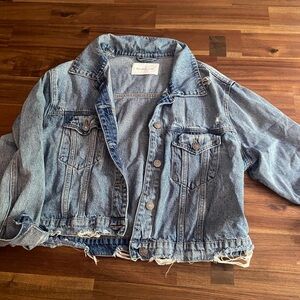 Mustard seed distressed cropped denim jacket